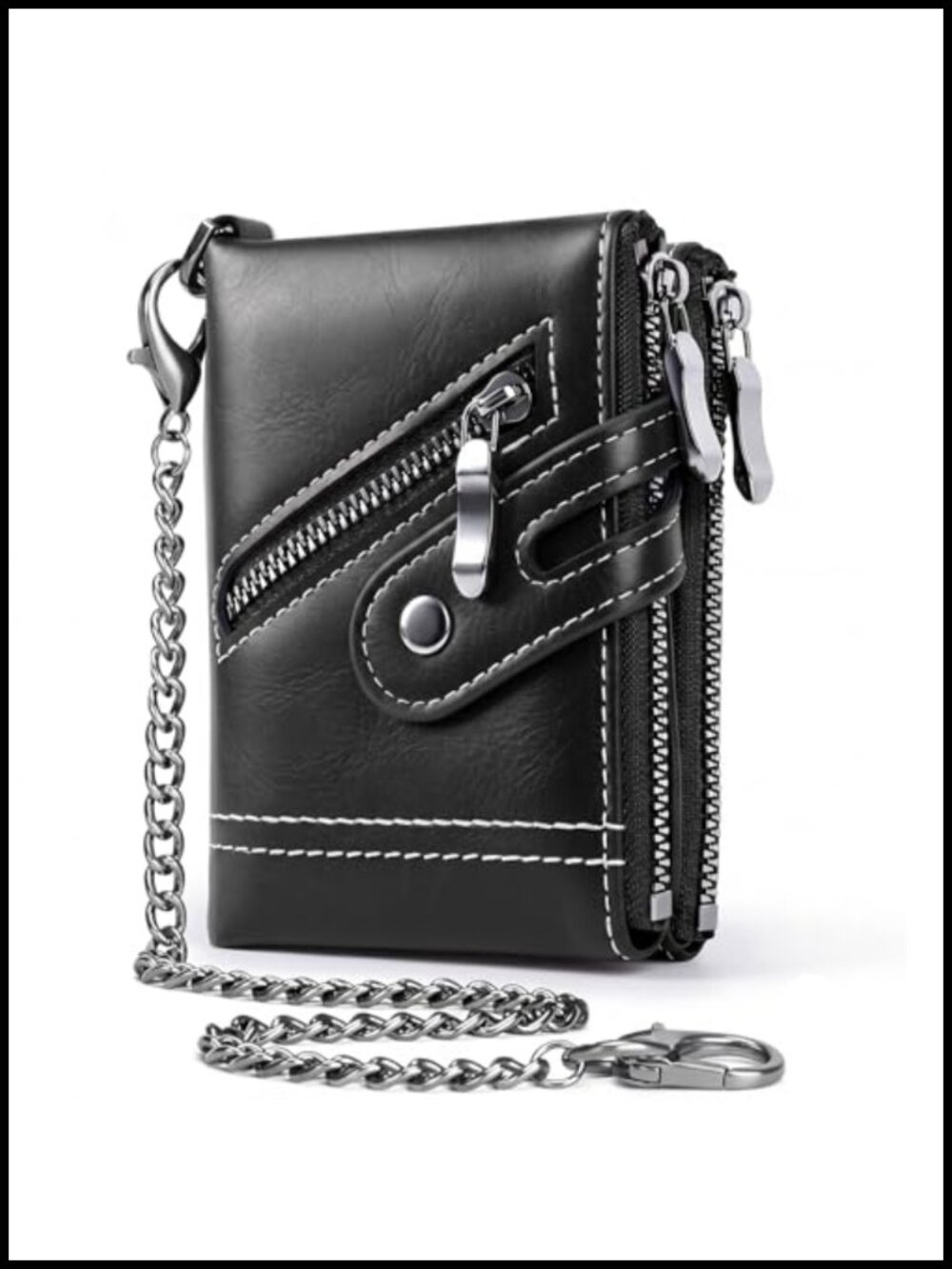 Men's RFID Zippered Short Wallet with Chain, 12 Card Holder, Faux Leather,